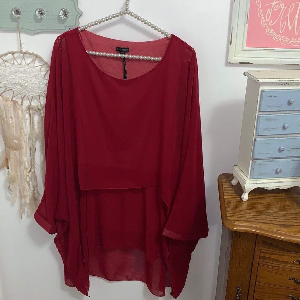NEW COCO + CARMEN Poncho Blouse Top One Size OS Wine Red Chiffon Layered Flowy